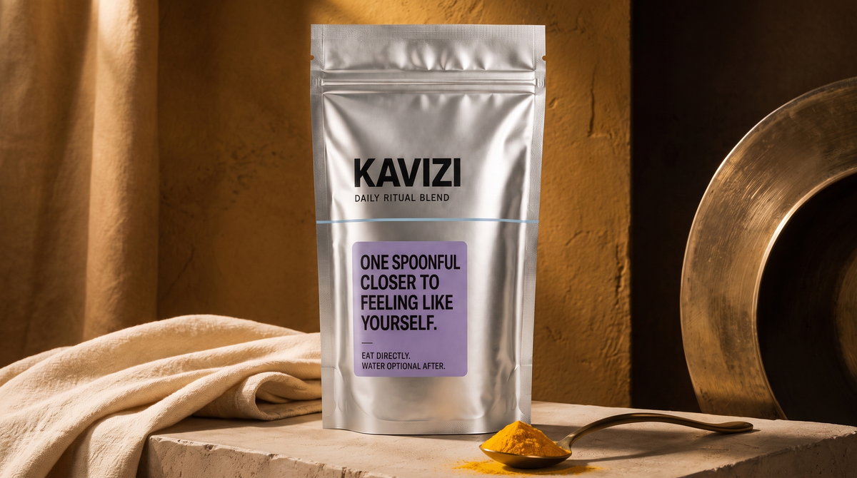 Kavizi pouch beside a brass spoon of the blend